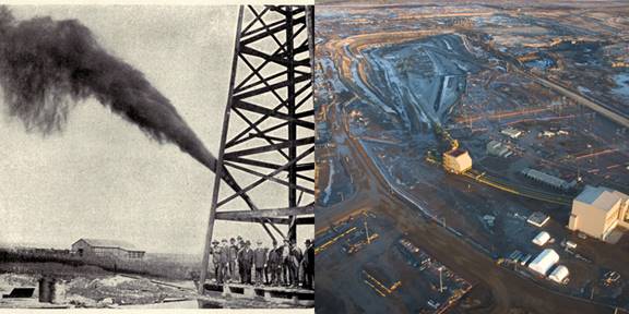 Oil production past and present. On the left is a 1902 "gusher" while on the right is an aerial view of tar sands production in Alberta, Canada. Sources: Wikimedia Commons. Tar sands image via shutterstock.