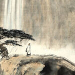 Chinese painting of Zhangzi in front of waterfalls